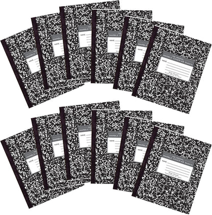 ROARING SPRING Flexible Cover Composition Notebook, 12 Books, Black Marble, Wide Ruled w/Margin, 48 Sheets (96 Pages), 8.5" × 7", Center-Sewn, Made in USA
