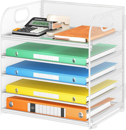 Lavatino 5 Tray Desk File Organizer, Black Mesh Paper Sorter Letter Tray Organizer with Handle, Desktop File Organizer and Storage for Letter/A4 Office File Folder