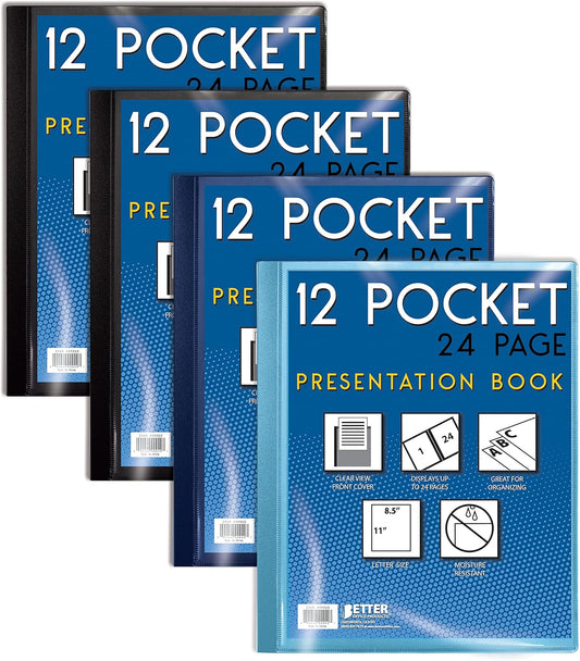Better Office Products 12 Pocket Bound Presentation Book, Assorted Colors, Clear View Front Cover, 24 Sheet Protector Pages, 8.5" x 11" Sheets, Art Portfolio, Poly Covers, Letter Size (12 Pack)