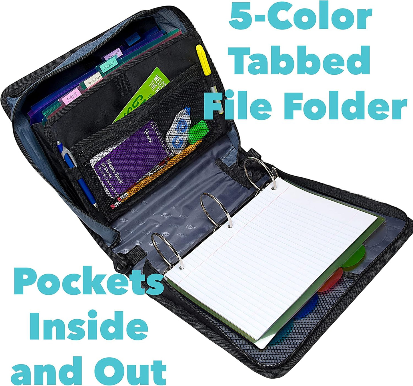 Case-it Mighty Zip Tab School Zipper Binder | 3-Inch O-Rings, 600-Sheet Capacity, 5-Subject Expanding File Folder, Multiple Pockets & Storage Organizer, Shoulder Strap | D-146 Jet Black