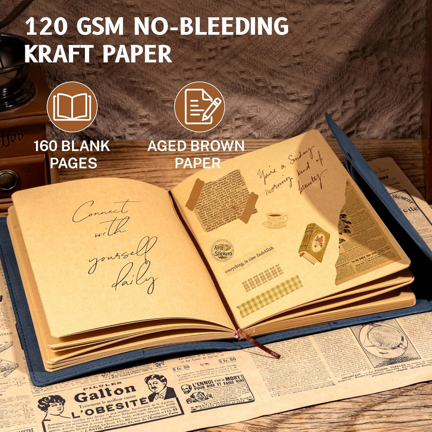 MINICAGIE Journal Notebook for Men Women Gifts Hardcover Leather Mens Journals for Writing 288 Pages 100 Gsm Paper Thick Journaling Notebooks for Work Diary, 5.7x8.3 In, Blue