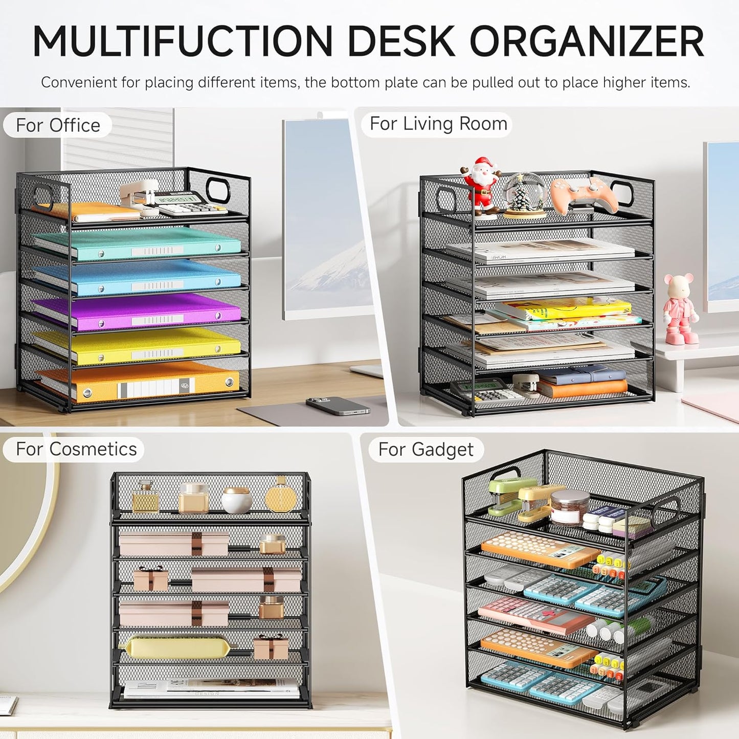 Lavatino 5 Tray Desk File Organizer, Black Mesh Paper Sorter Letter Tray Organizer with Handle, Desktop File Organizer and Storage for Letter/A4 Office File Folder