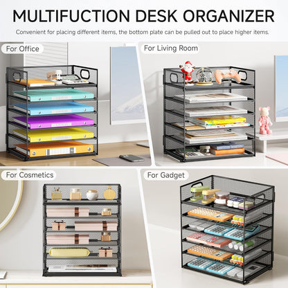 Lavatino 5 Tray Desk File Organizer, Black Mesh Paper Sorter Letter Tray Organizer with Handle, Desktop File Organizer and Storage for Letter/A4 Office File Folder