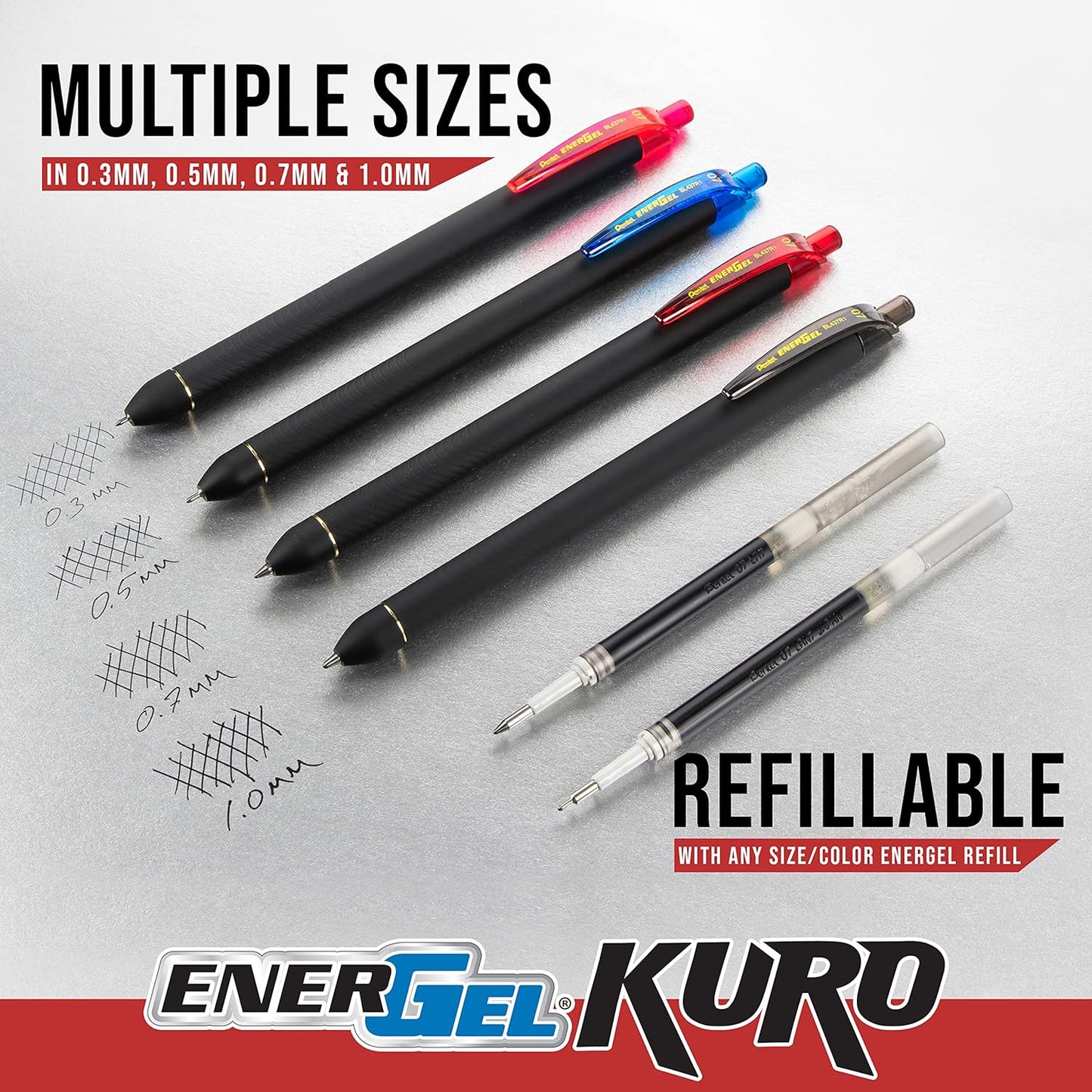 Pentel EnerGel Kuro Liquid Gel Pen, (0.7mm) Medium line, Black Ink, 5 Pack