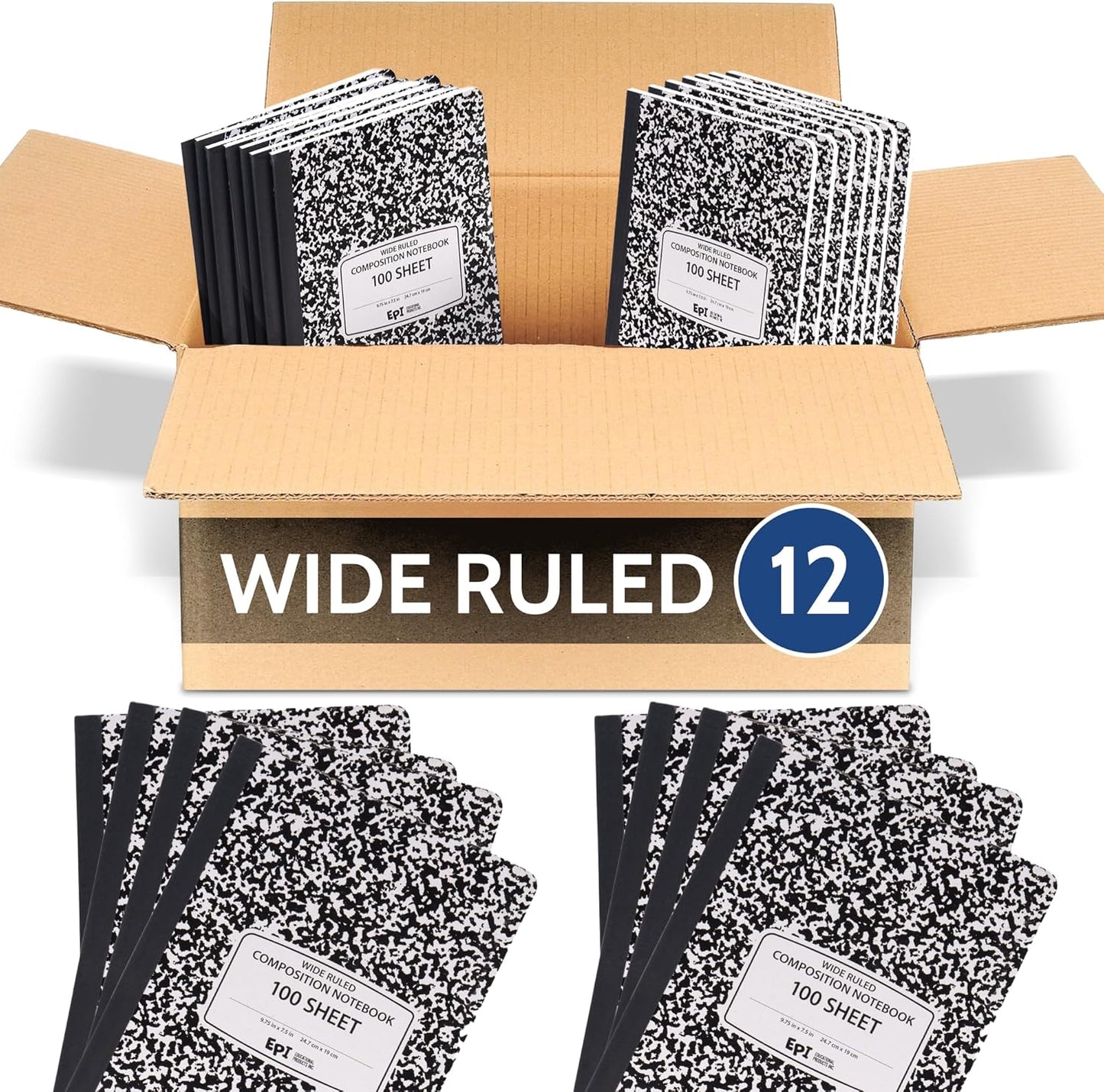48 Pack - EPI Marble Hardcover Wide Ruled Composition Notebook | 200 Pages (100 Sheets), 9.75 x 7.5 in, Sturdy Sewn Binding | School, Office, Journaling, Notes