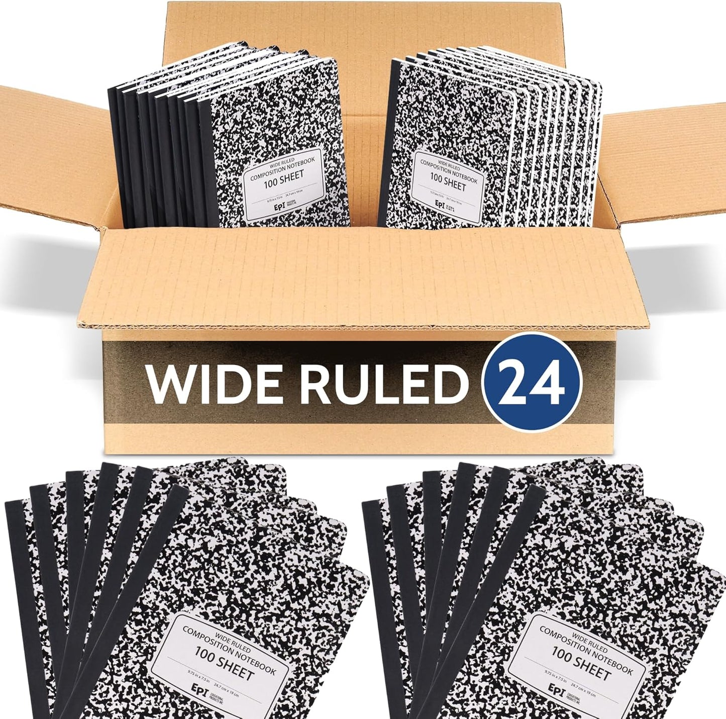 48 Pack - EPI Marble Hardcover Wide Ruled Composition Notebook | 200 Pages (100 Sheets), 9.75 x 7.5 in, Sturdy Sewn Binding | School, Office, Journaling, Notes