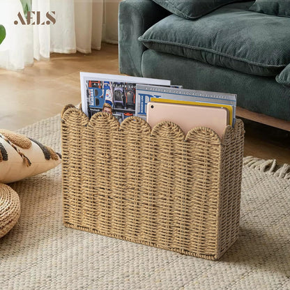 AELS Woven Natural Fibre Magazine Holder, Scalloped Edge Floor Magazine Rack, Hand-woven Organizer, Boho Modern Farmhouse Book Basket, File Newspaper Mail Holder for Office