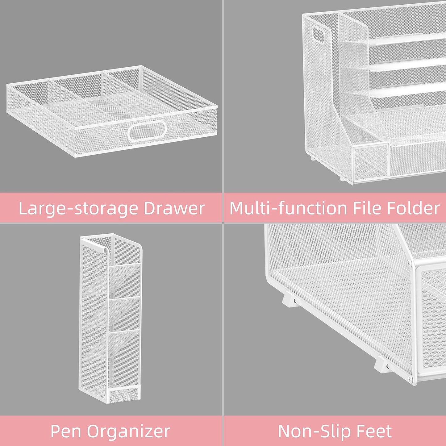 SUPEASY Desk Organizer with File Holder, 5-Tier Mesh Paper Letter Tray Organizer with Pen Holder and Drawer, Desktop Organizer and Storage with 3 Tilted File Sorter for Office Supplies, Blue
