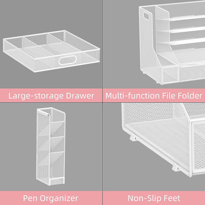 SUPEASY Desk Organizer with File Holder, 5-Tier Mesh Paper Letter Tray Organizer with Pen Holder and Drawer, Desktop Organizer and Storage with 3 Tilted File Sorter for Office Supplies, Blue