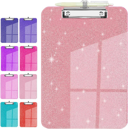 Sparkly Clipboard with Pen Holder, Clear Plastic Glitter Clip Board, Hanging Shiny Clipboards with Low Profile Metal Clip, Letter A4 Size for Taecher Women Office School (Rose Pink)