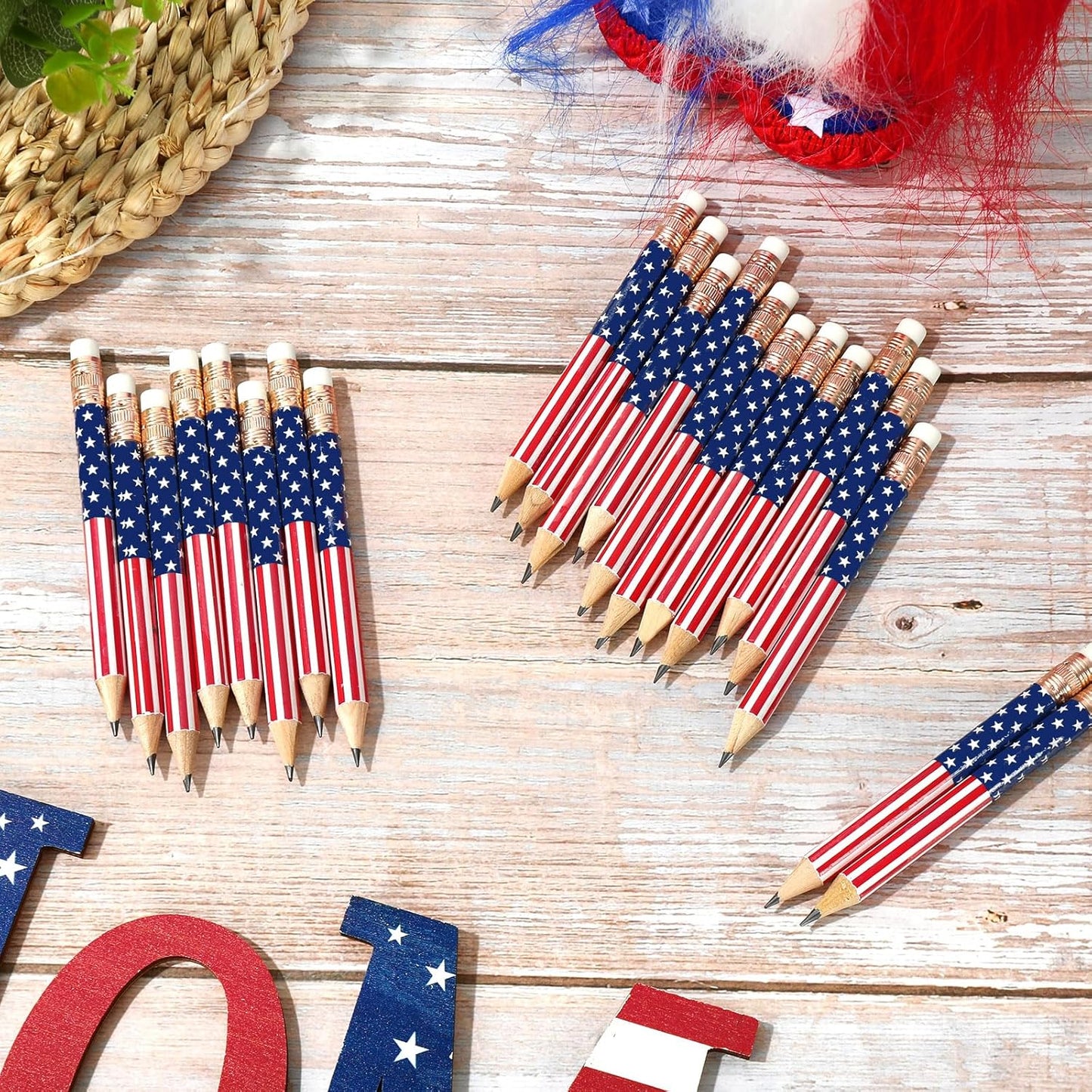 JarThenaAMCS 50Pcs Independence Day Pencil with Erasers American Flag Short Writing Wooden Pencils Red White Blue Patriotic Half Pencil for 250th Anniversary 4th of July School Office Supplies, 4 in