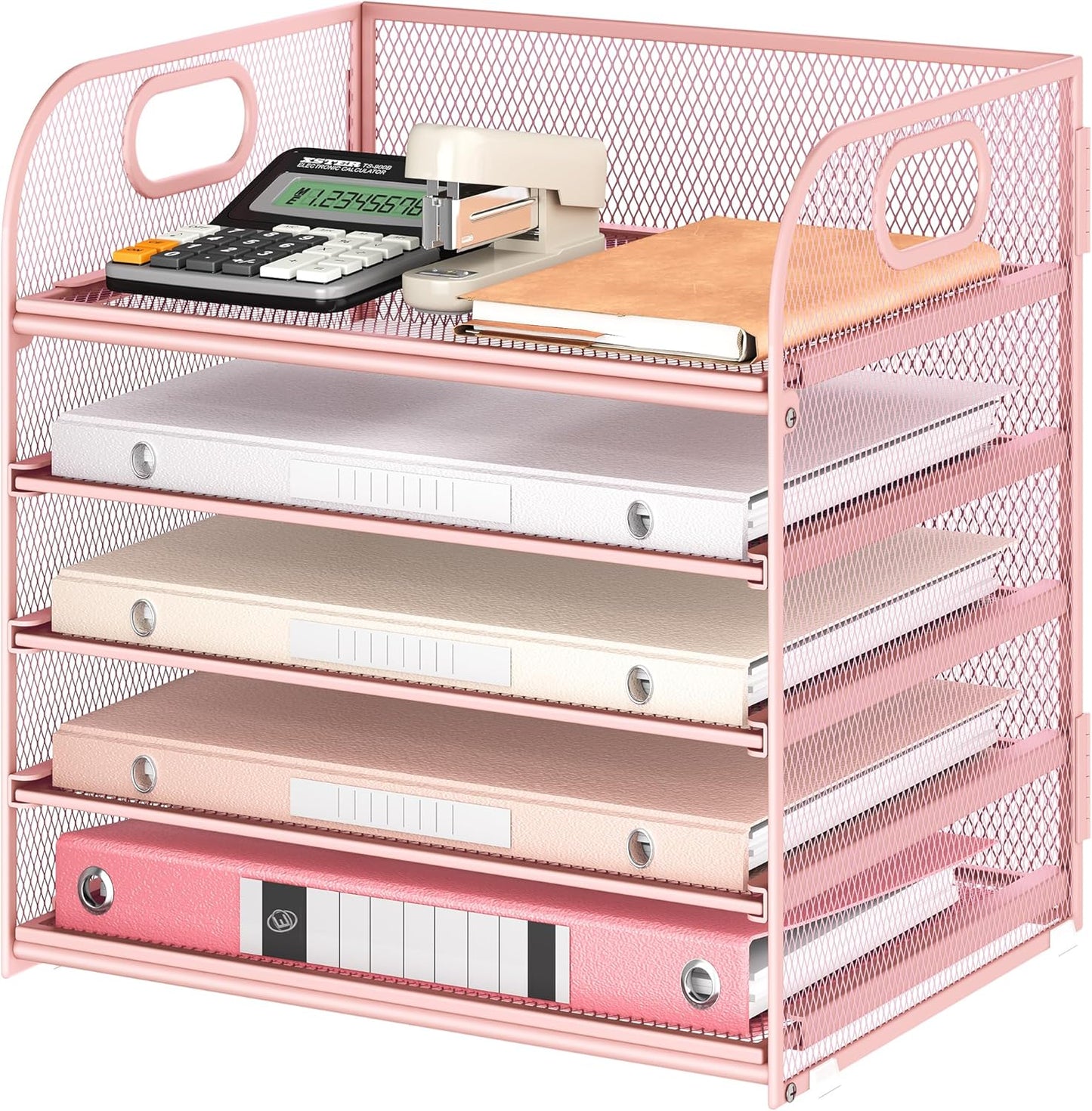 Lavatino 5 Tray Desk File Organizer, Black Mesh Paper Sorter Letter Tray Organizer with Handle, Desktop File Organizer and Storage for Letter/A4 Office File Folder