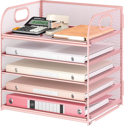 Lavatino 5 Tray Desk File Organizer, Black Mesh Paper Sorter Letter Tray Organizer with Handle, Desktop File Organizer and Storage for Letter/A4 Office File Folder