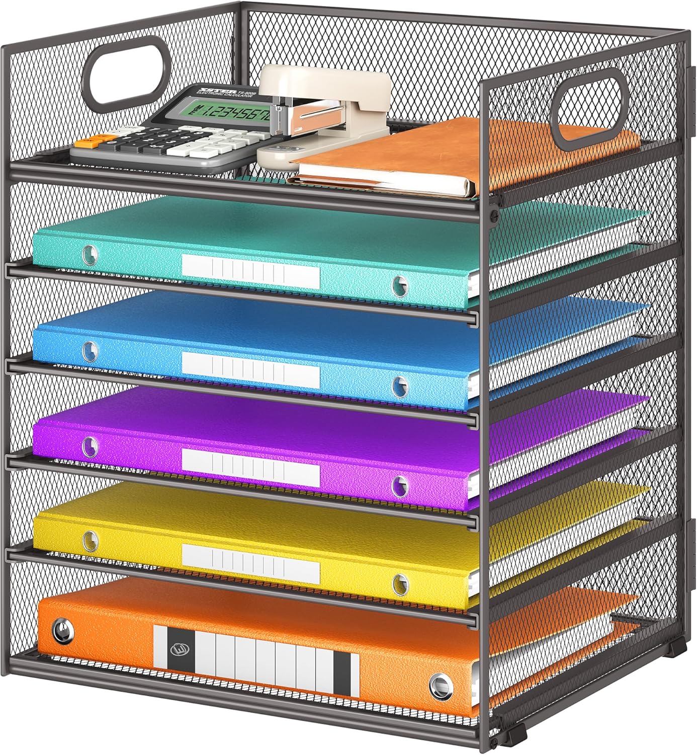 Lavatino 5 Tray Desk File Organizer, Black Mesh Paper Sorter Letter Tray Organizer with Handle, Desktop File Organizer and Storage for Letter/A4 Office File Folder