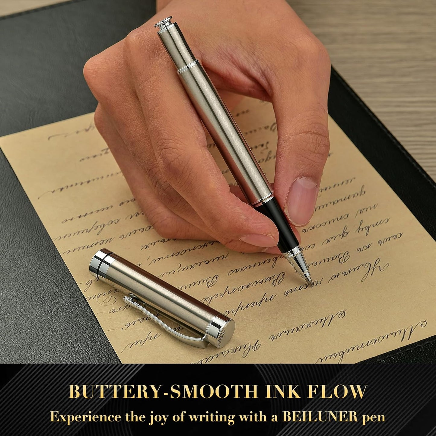 BEILUNER Ballpoint Pens, Stunning Black Chrome Metal Pen with Golden Trim, Best Ball Pen Gift Set for Men & Women, Professional, Executive, Office, Nice Pens-Gift Box with 0.5mm Black Extra Refill