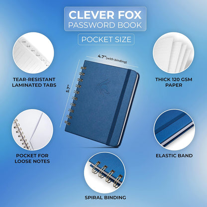 Clever Fox Password Book Spiral – Internet Address & Password Organizer with Laminated Alphabetical Tabs – Password Keeper Journal – Hardcover, Medium Size, 6.1x7.7” (Mystic Blue)