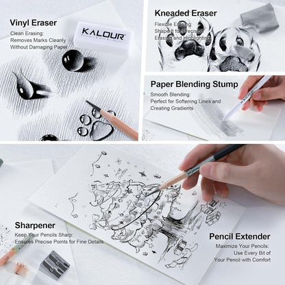 KALOUR 29 Pro Sketching Drawing Pencils Set with Roll-Up Nylon Case – 14 Graphite Pencils (14B–5H), Charcoal Pencils, Erasers, Sharpener & Stumps – Complete Art Kit for Artists & Beginner