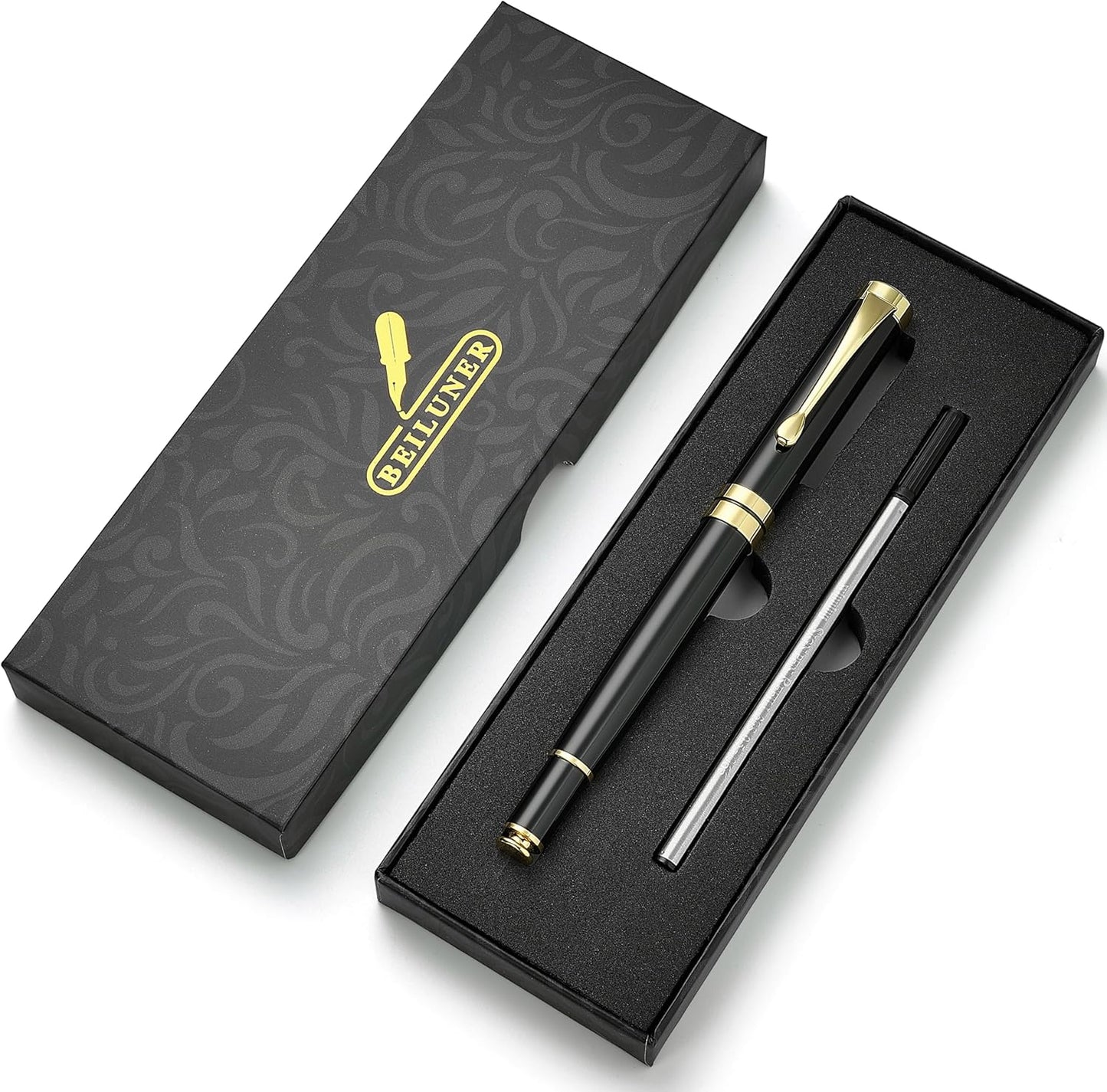 BEILUNER Ballpoint Pens, Stunning Black Chrome Metal Pen with Golden Trim, Best Ball Pen Gift Set for Men & Women, Professional, Executive, Office, Nice Pens-Gift Box with 0.5mm Black Extra Refill