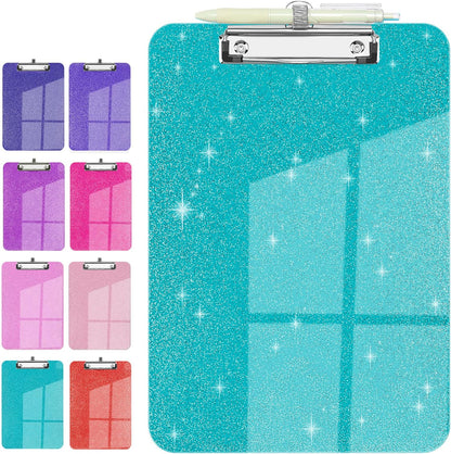 Sparkly Clipboard with Pen Holder, Clear Plastic Glitter Clip Board, Hanging Shiny Clipboards with Low Profile Metal Clip, Letter A4 Size for Taecher Women Office School (Rose Pink)