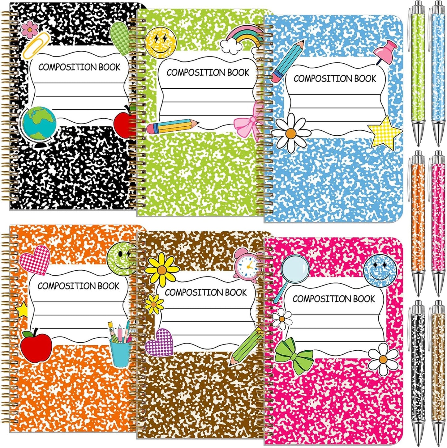 Resurhang 6 Pack A5 Composition Notebook Marble Spiral Notebooks Preppy Cute Aesthetic Hardcover Ruled Composition Books with Ballpoint Pens for School Day Classroom Prize, 5.8 x 8.3 Inch