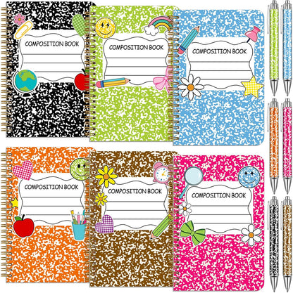 Resurhang 6 Pack A5 Composition Notebook Marble Spiral Notebooks Preppy Cute Aesthetic Hardcover Ruled Composition Books with Ballpoint Pens for School Day Classroom Prize, 5.8 x 8.3 Inch
