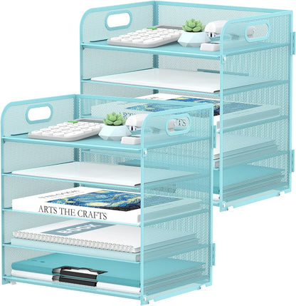 Supeasy 5 Trays Paper Organizer Letter Tray with Handle-Mesh Desk File Holders, Paper Sorter Desk Organizer for Office, Home, Classroom or School