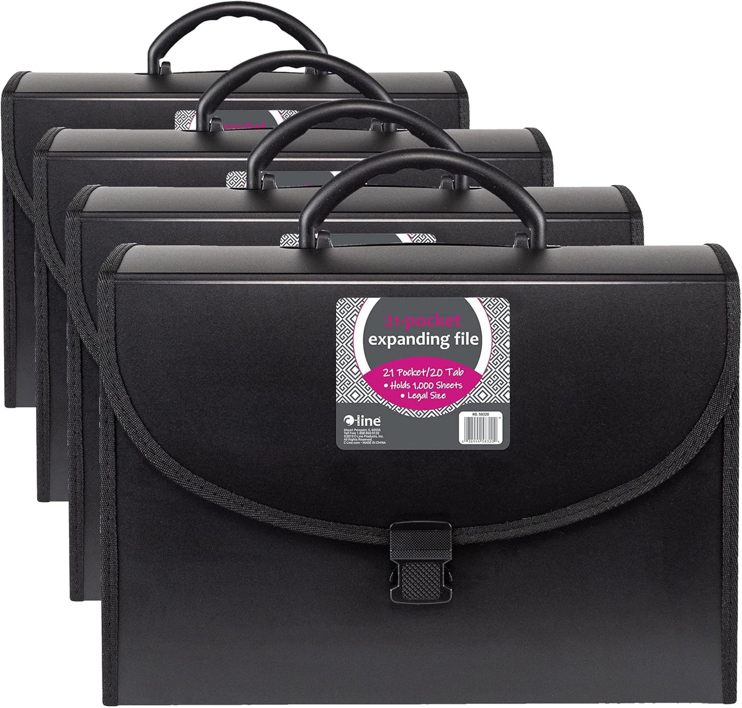 C-Line 21-Pocket Poly Expanding File with Handle, Includes Tabs, Locking Closure, Legal Size, Black (58320), Traditional