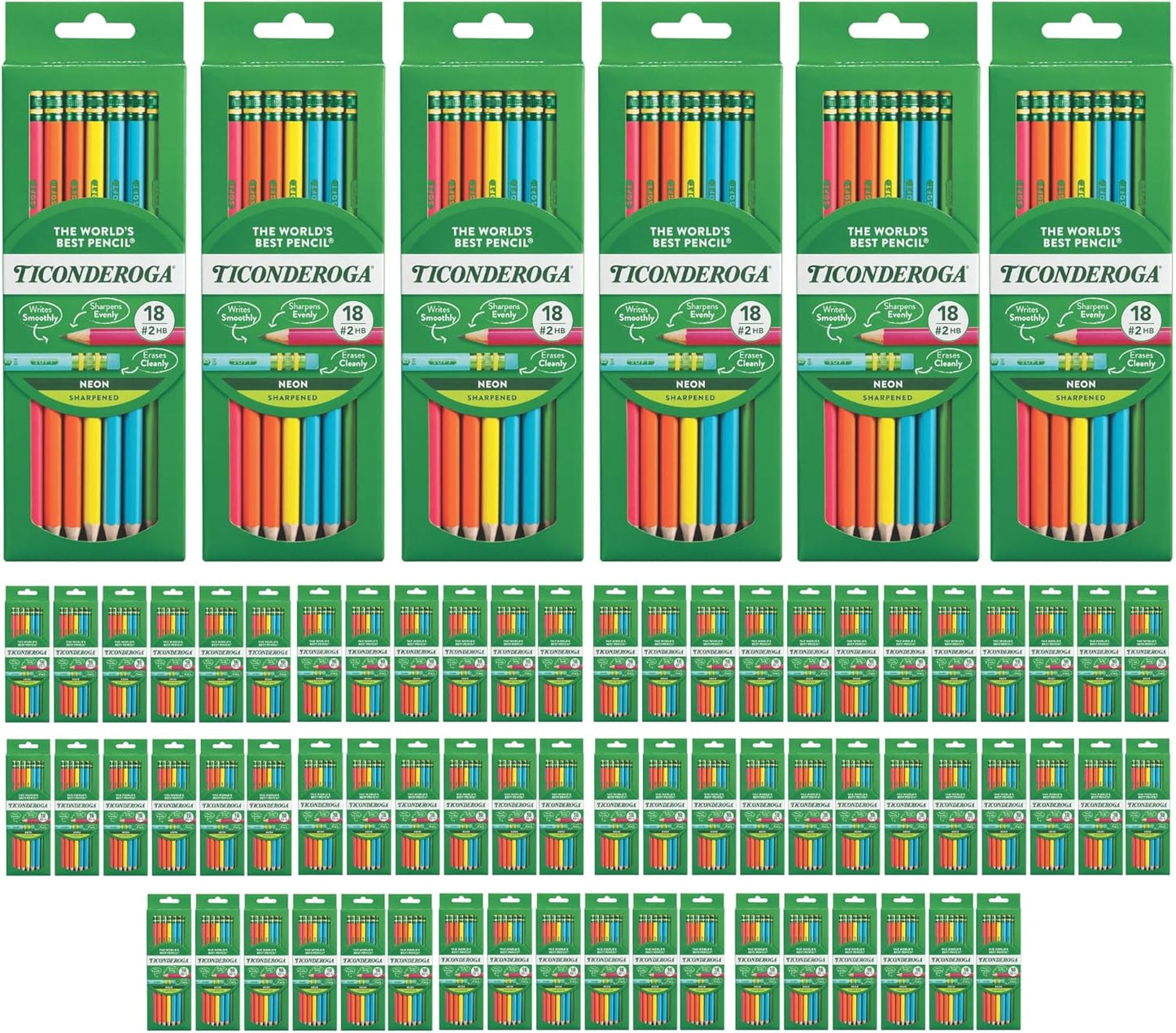 Ticonderoga Wood-Cased Pencils, Pre-Sharpened, #2 HB Soft, Neon Colors, 18 Count
