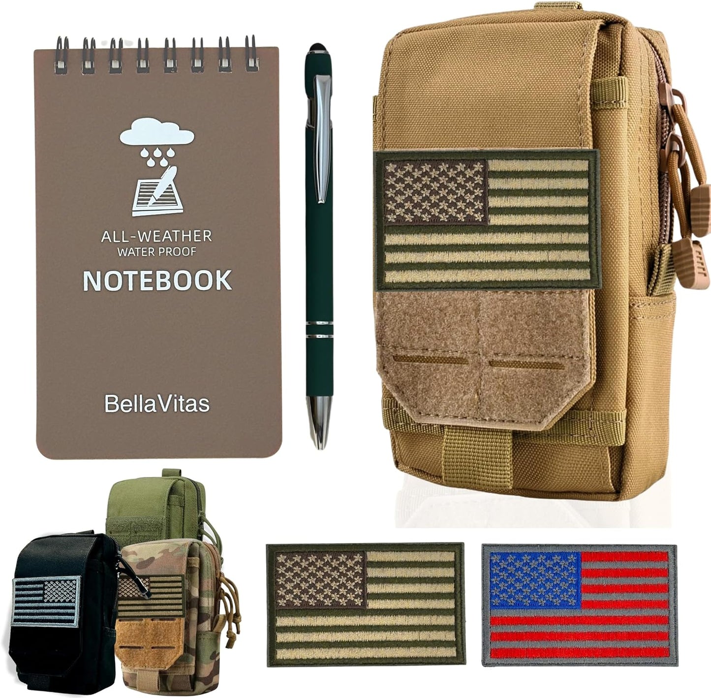 Tactical Molle Pouch Small Notebook Cover EDC Utility Bag Tool Pouch Gadget Organizer Military Waist Bag with US Flag Patch, 3”x5” Waterproof Notepad Pocket Notebook and Weatherproof Pen