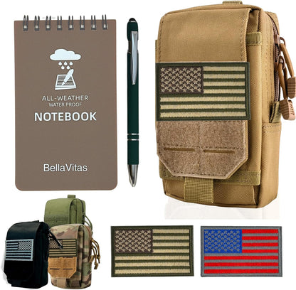 Tactical Molle Pouch Small Notebook Cover EDC Utility Bag Tool Pouch Gadget Organizer Military Waist Bag with US Flag Patch, 3”x5” Waterproof Notepad Pocket Notebook and Weatherproof Pen