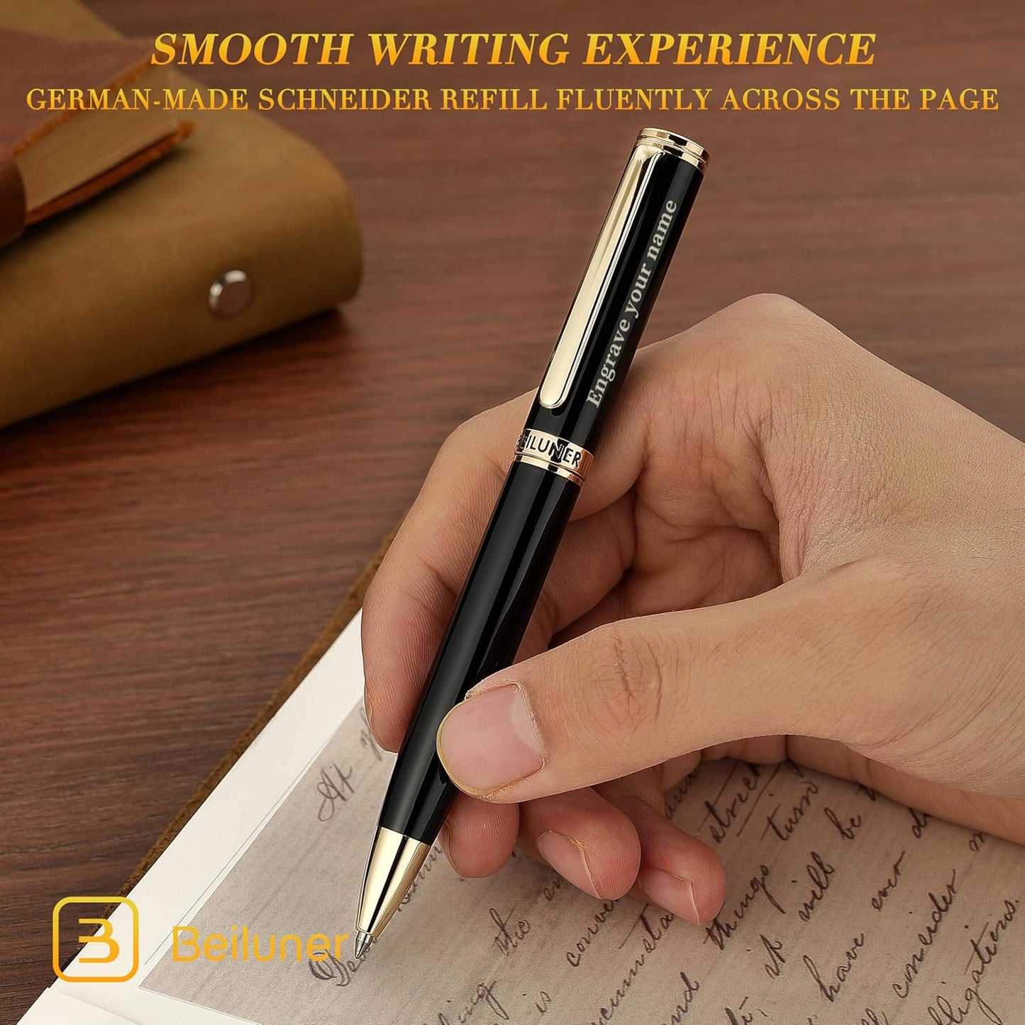 BEILUNER Luxury Gel Pen with 24K Gold Finish, Black Piano Lacquer, Luxury Grade Craftsmanship, Best Pen Gift Set for Men and Women, Professional, Executive, Office, Retractable Nice Pens