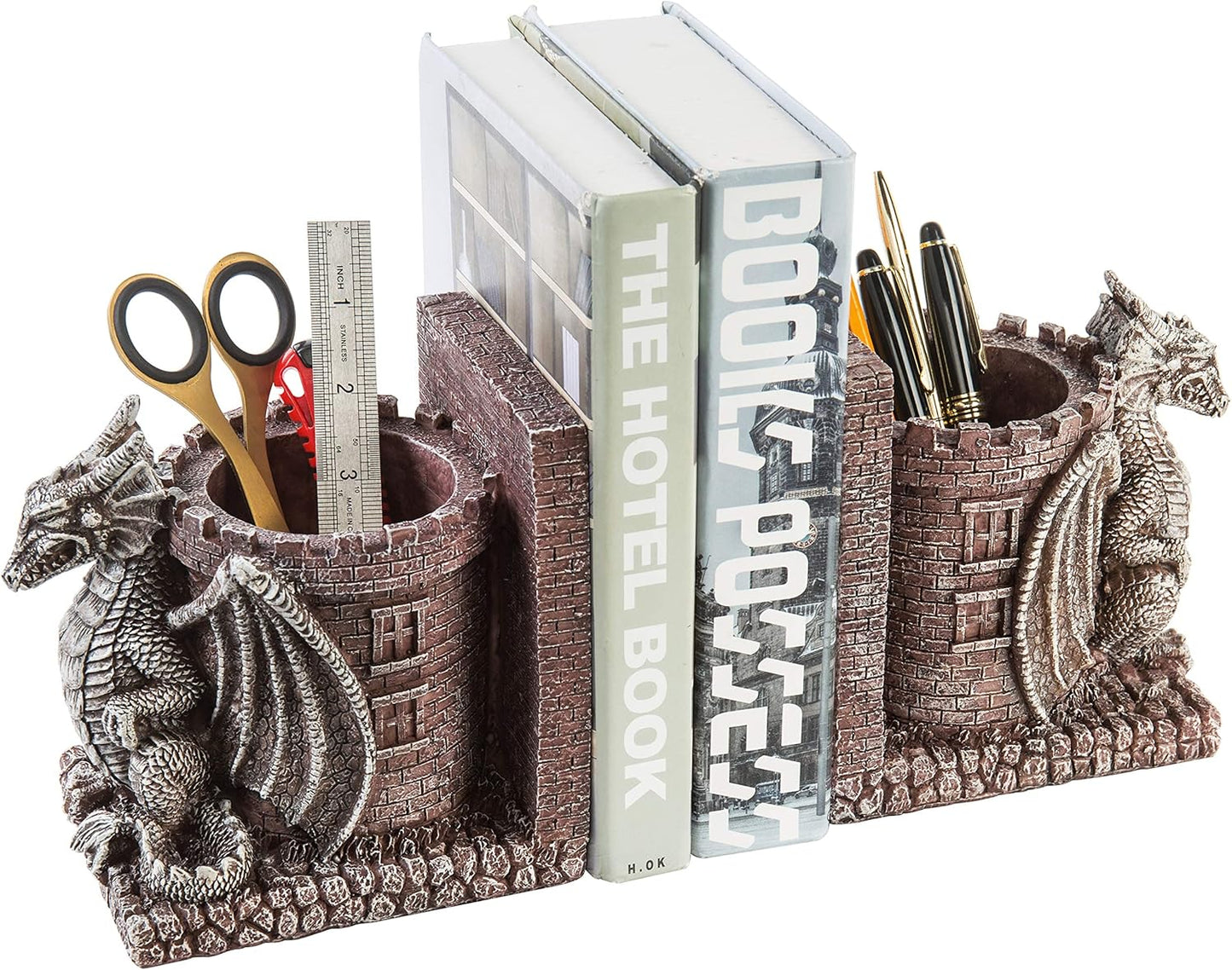 Bookends Dragon, Gothic Black Resin Dragon Guarding Castle Pencil Cup Bookends, Office Desk Book Ends with Decorative Fantasy Dragons and Stone Tower Pen Holders, 1 Pair