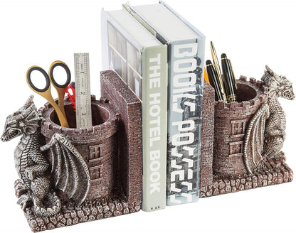 Bookends Dragon, Gothic Black Resin Dragon Guarding Castle Pencil Cup Bookends, Office Desk Book Ends with Decorative Fantasy Dragons and Stone Tower Pen Holders, 1 Pair