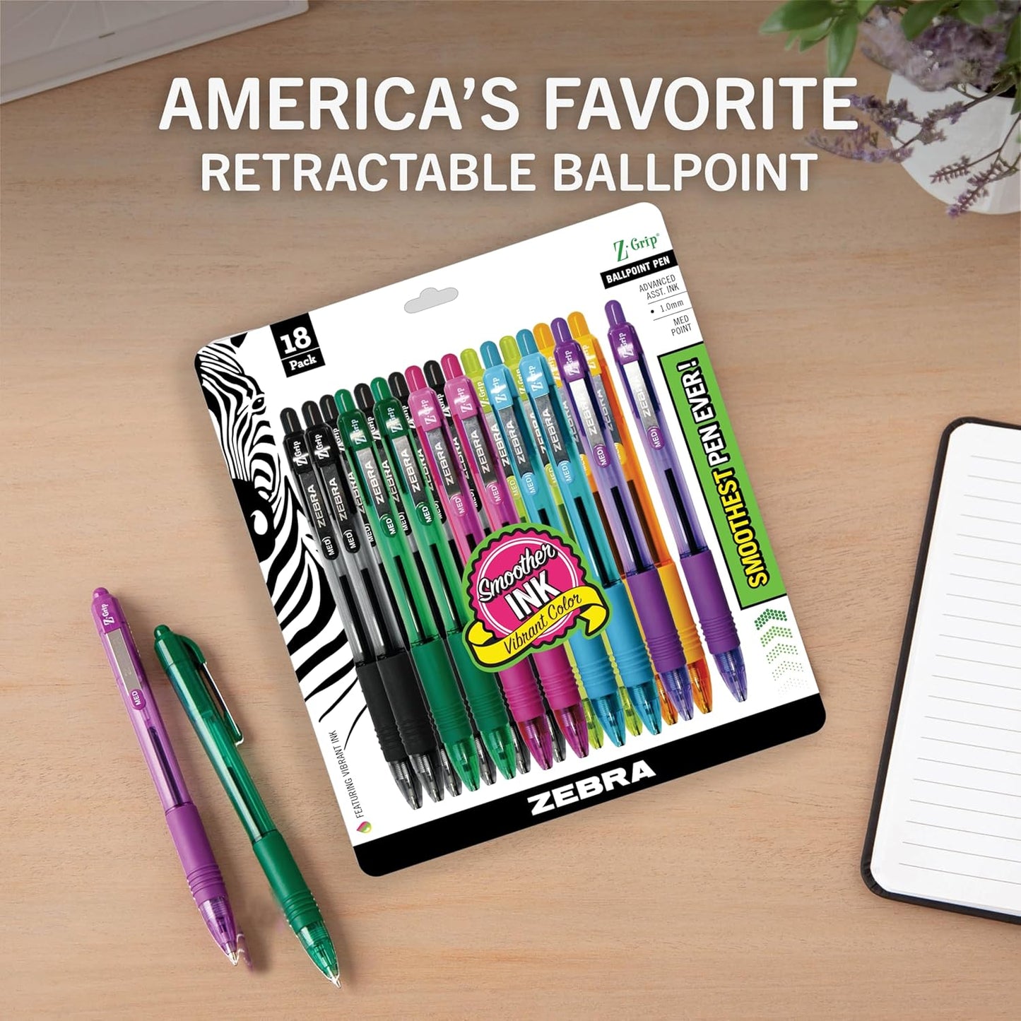 Zebra Pen Z-Grip Retractable Ballpoint Pen, Smooth-Flowing Black Ink, 1.0mm Medium Point, School & Office Supplies, Ideal for Note-Taking, Journal and Planner Use, 18-Pack (22218)