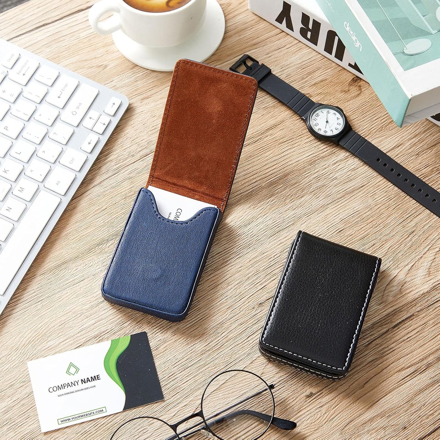 Outus 2 Pieces Business Card Holder, PU Leather Business Card Case Pocket Wallet with Magnetic Shut for Valentines Gift Men Women(Black and Coffee,Classic)