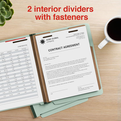 Staples Heavy‑Duty Classification Folder, 2 Dividers, 2" Expansion, Letter Size, 60% Recycled Pressboard, Gray/Green, 10/Box