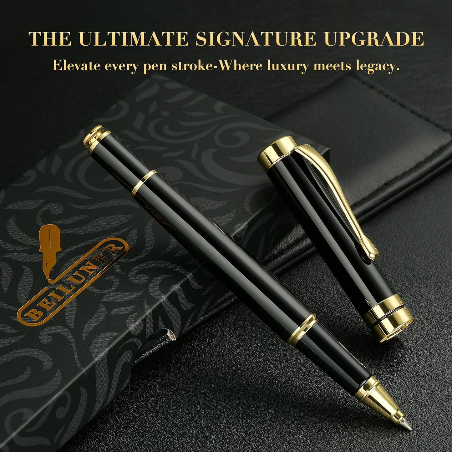 BEILUNER Ballpoint Pens, Stunning Black Chrome Metal Pen with Golden Trim, Best Ball Pen Gift Set for Men & Women, Professional, Executive, Office, Nice Pens-Gift Box with 0.5mm Black Extra Refill