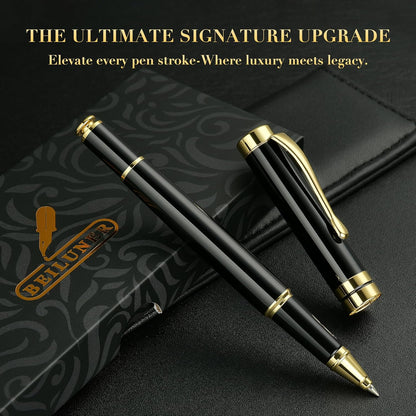 BEILUNER Ballpoint Pens, Stunning Black Chrome Metal Pen with Golden Trim, Best Ball Pen Gift Set for Men & Women, Professional, Executive, Office, Nice Pens-Gift Box with 0.5mm Black Extra Refill