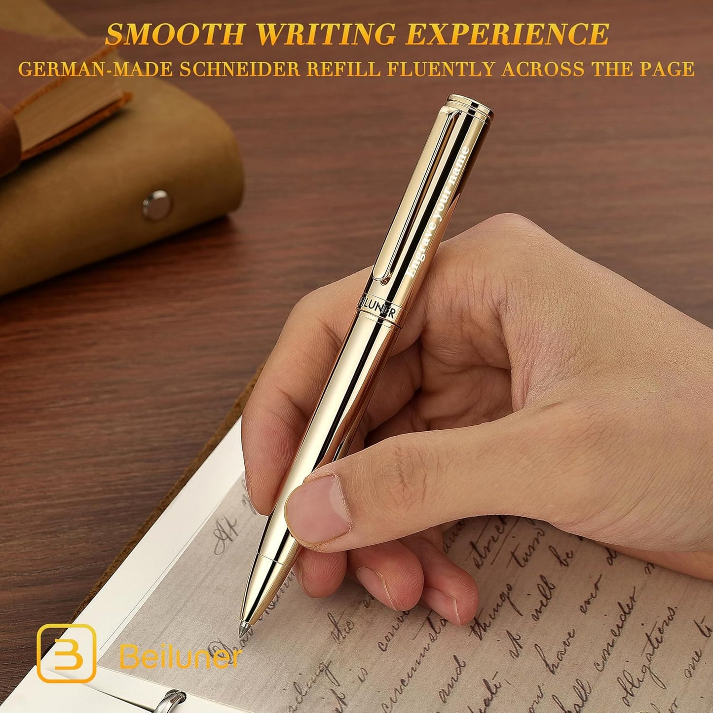 BEILUNER Luxury Gel Pen with 24K Gold Finish, Black Piano Lacquer, Luxury Grade Craftsmanship, Best Pen Gift Set for Men and Women, Professional, Executive, Office, Retractable Nice Pens