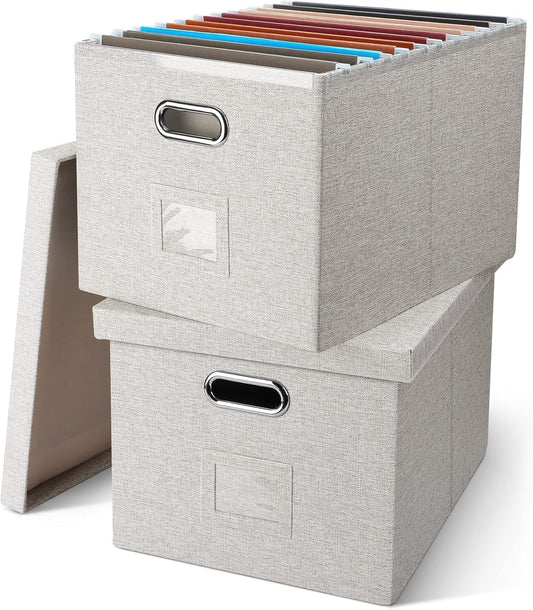 Graciadeco File Organizer, Collapsible Storage Filling Box with Lid for Letter Legal Size Hanging Folders Decorative Linen File Folder Box Document Storage Filing Bin, Dark Gray 2 Pack