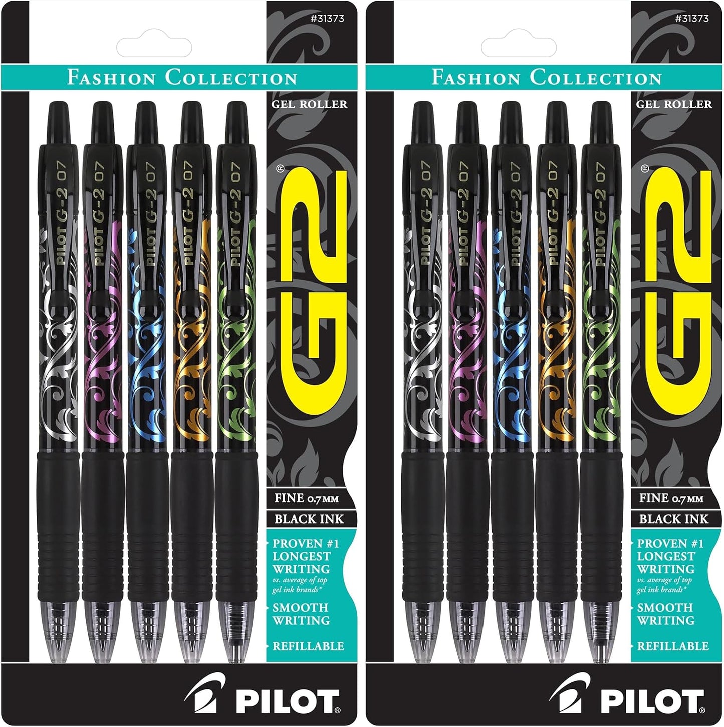 Pilot, G2 Premium Gel Roller Pens, Fine Point 0.7 mm, Fashion Collection, Black, Pack of 5