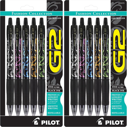 Pilot, G2 Premium Gel Roller Pens, Fine Point 0.7 mm, Fashion Collection, Black, Pack of 5