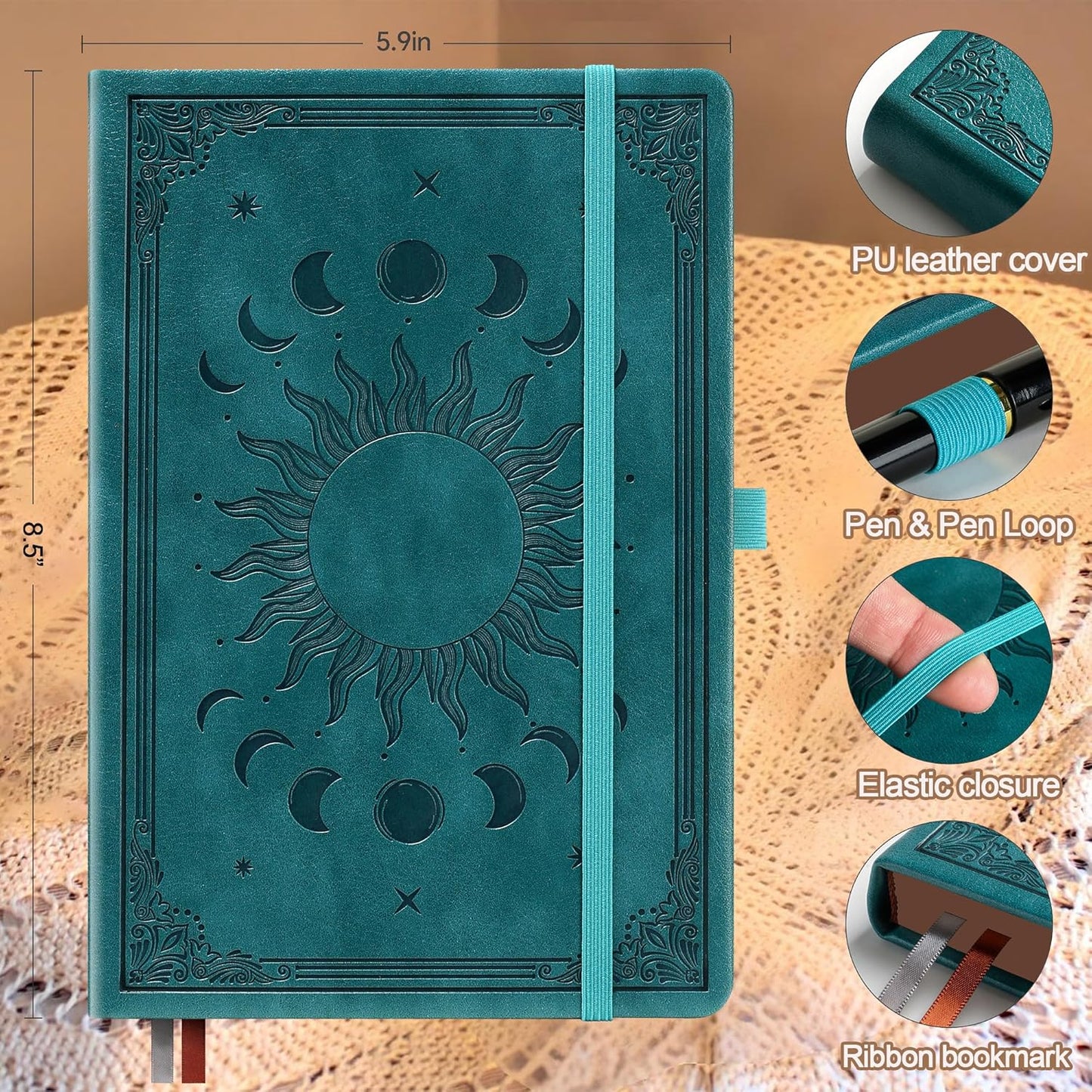 Journal Notebook for Women/Men, Daily for Classic Lined Writing,360 Pages Leather Hardcover with Vintage Sun & Moon Design, SeaGreen, A5 (14.5 x 21 cm)