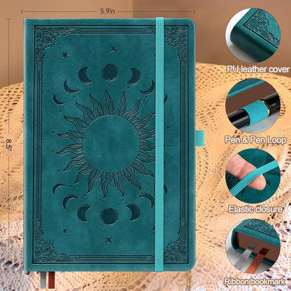 Journal Notebook for Women/Men, Daily for Classic Lined Writing,360 Pages Leather Hardcover with Vintage Sun & Moon Design, SeaGreen, A5 (14.5 x 21 cm)