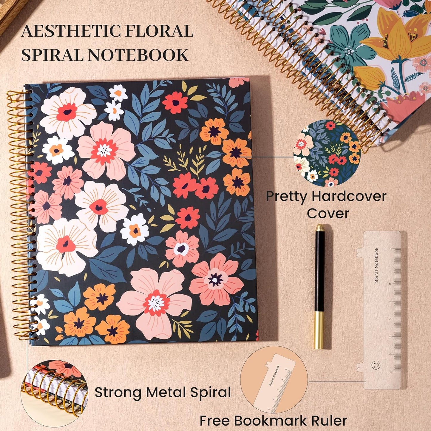 CAGIE Spiral Notebook Journal 8.5 x 11 Hardcover Notebooks College Ruled with Large Pockets Aesthetic Floral Note Book Spiral Bound Notebooks for Work Note Taking Women Writing School, 200 Pages