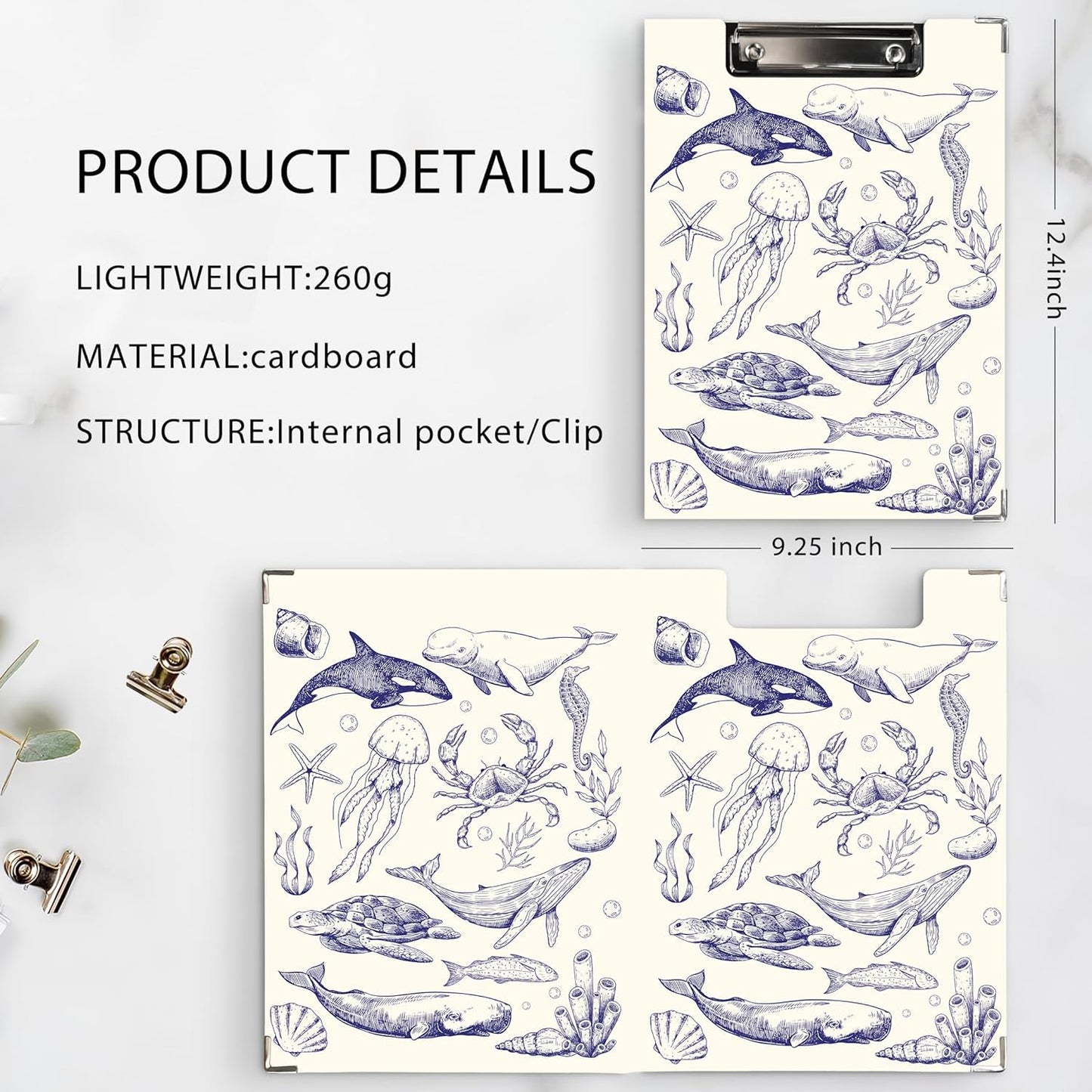 Ku-dayi Coastal Ocean Beach Clipboard Padfolio with Storage Pocket, Blue and White Sea Animals Jellyfish Whale Shark Sea Turtle Crab Low Profile Clip Boards for Nurse Office Classroom, 12.4 x 9.25 in