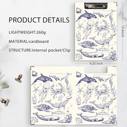 Ku-dayi Coastal Ocean Beach Clipboard Padfolio with Storage Pocket, Blue and White Sea Animals Jellyfish Whale Shark Sea Turtle Crab Low Profile Clip Boards for Nurse Office Classroom, 12.4 x 9.25 in