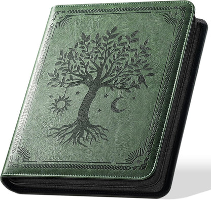 Ovesmusl 1 Inch 3 Ring Binder with Zipper, Leather Round Ring Binder Portfolio Holds 200 Sheets 8.5"x11" Letter Size Paper, Wedding Family History Notebook Cover Loose Leaf Organizer, Green Tree
