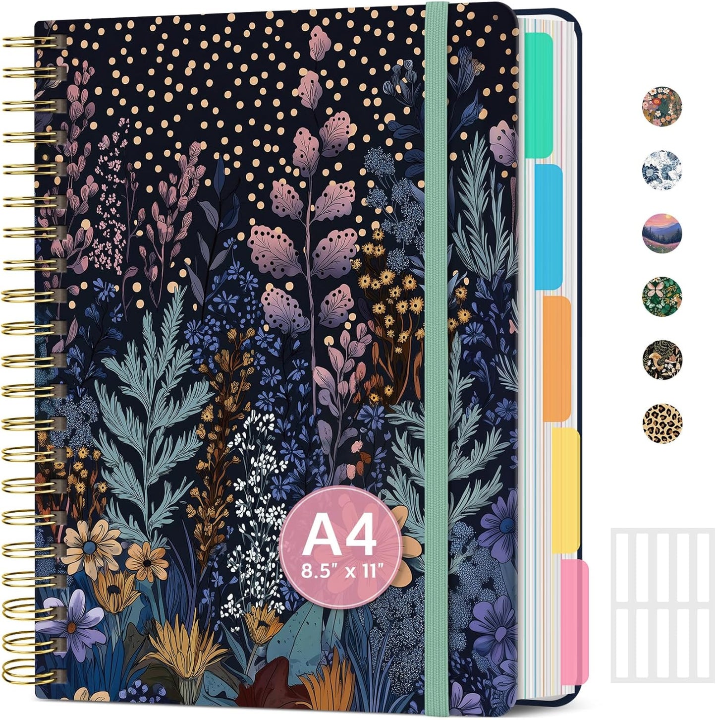 Large Spiral Notebook with Dividers & Tabs, 8.5" x 11" Hardcover 5 Subject Notebook for Work, 280 pages, College Ruled, Cute Journal for Women, Perfect for Study & Office Note Taking, Garden