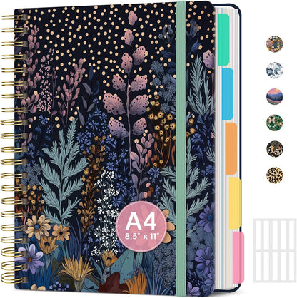 Large Spiral Notebook with Dividers & Tabs, 8.5" x 11" Hardcover 5 Subject Notebook for Work, 280 pages, College Ruled, Cute Journal for Women, Perfect for Study & Office Note Taking, Garden